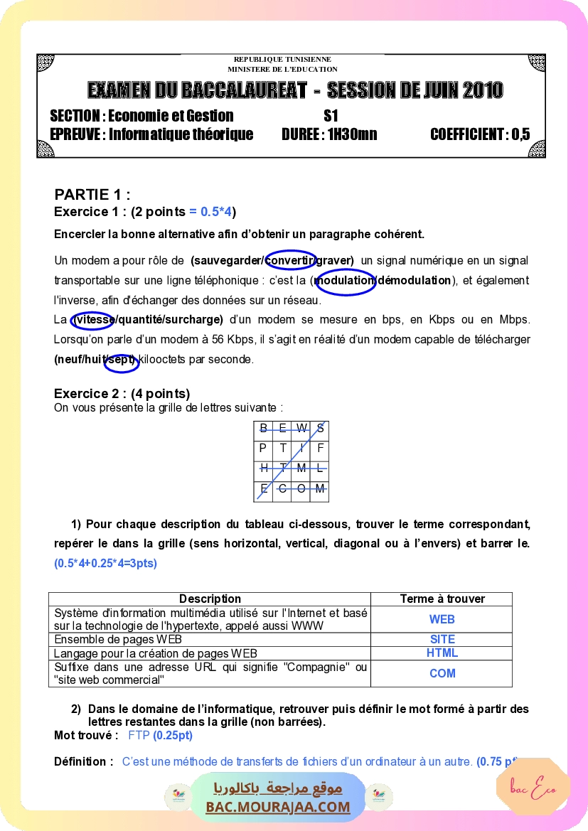 Corrigé principale info Bac 2010 – Section eco